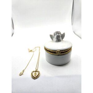 White China Trinket Box with Angel containing gold tone heart necklace 18" long
